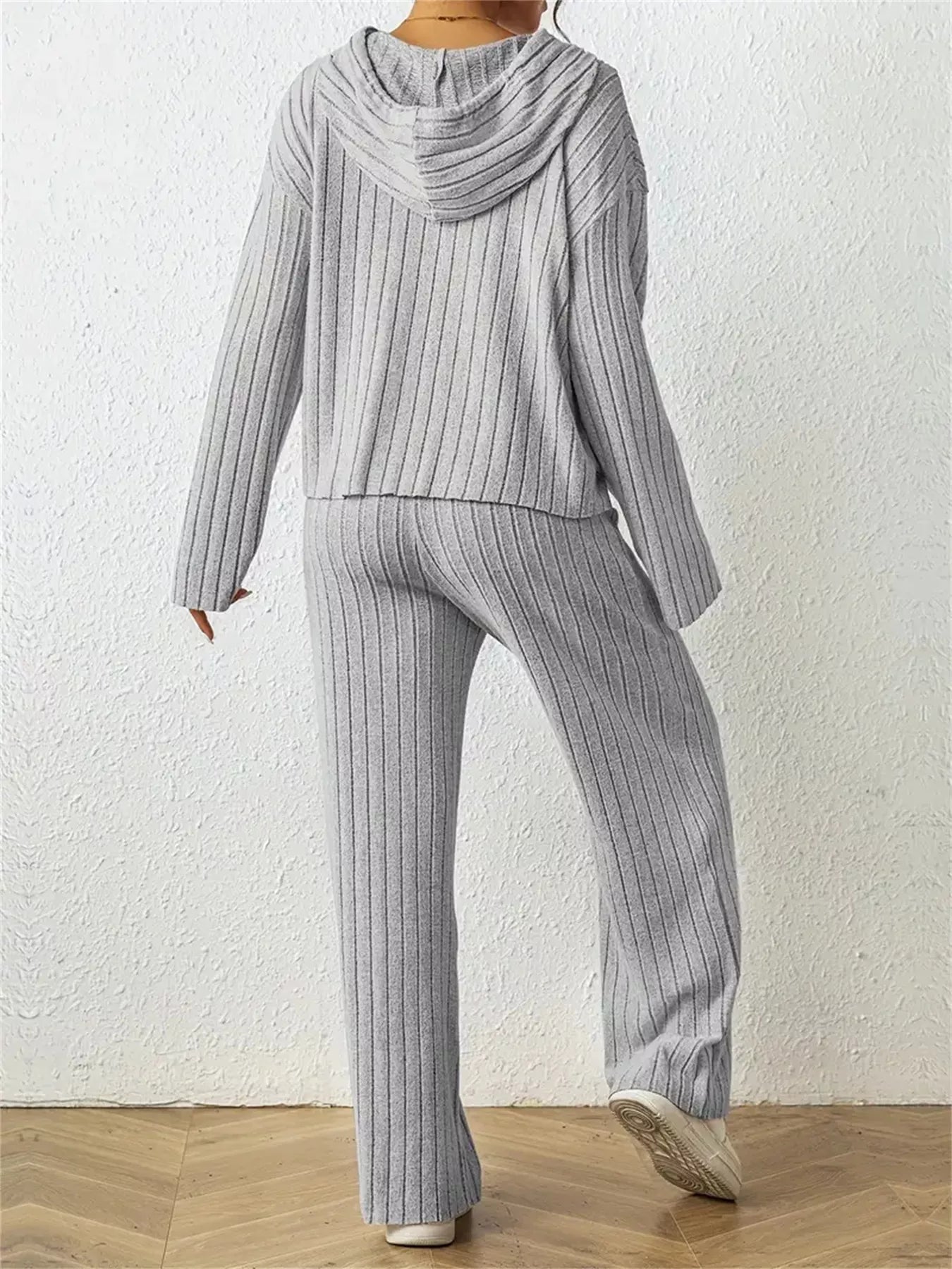 Ribbed Drawstring Hoodie and Pants Set Trendsi