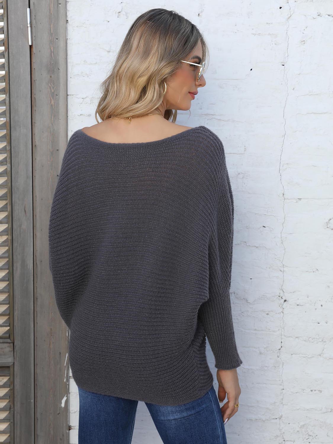 Full Size Horizontal Ribbing Dolman Sleeve Sweater Trendsi