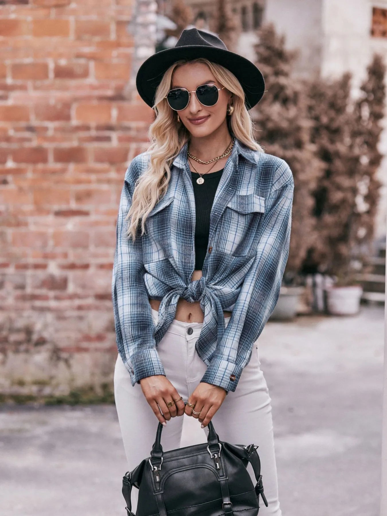 Plaid Button-Down Long Sleeve Shirt Trendsi