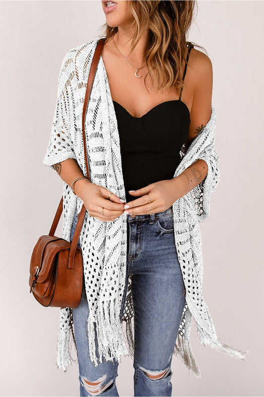 Openwork Open Front Cardigan with Fringes nicholesgifts