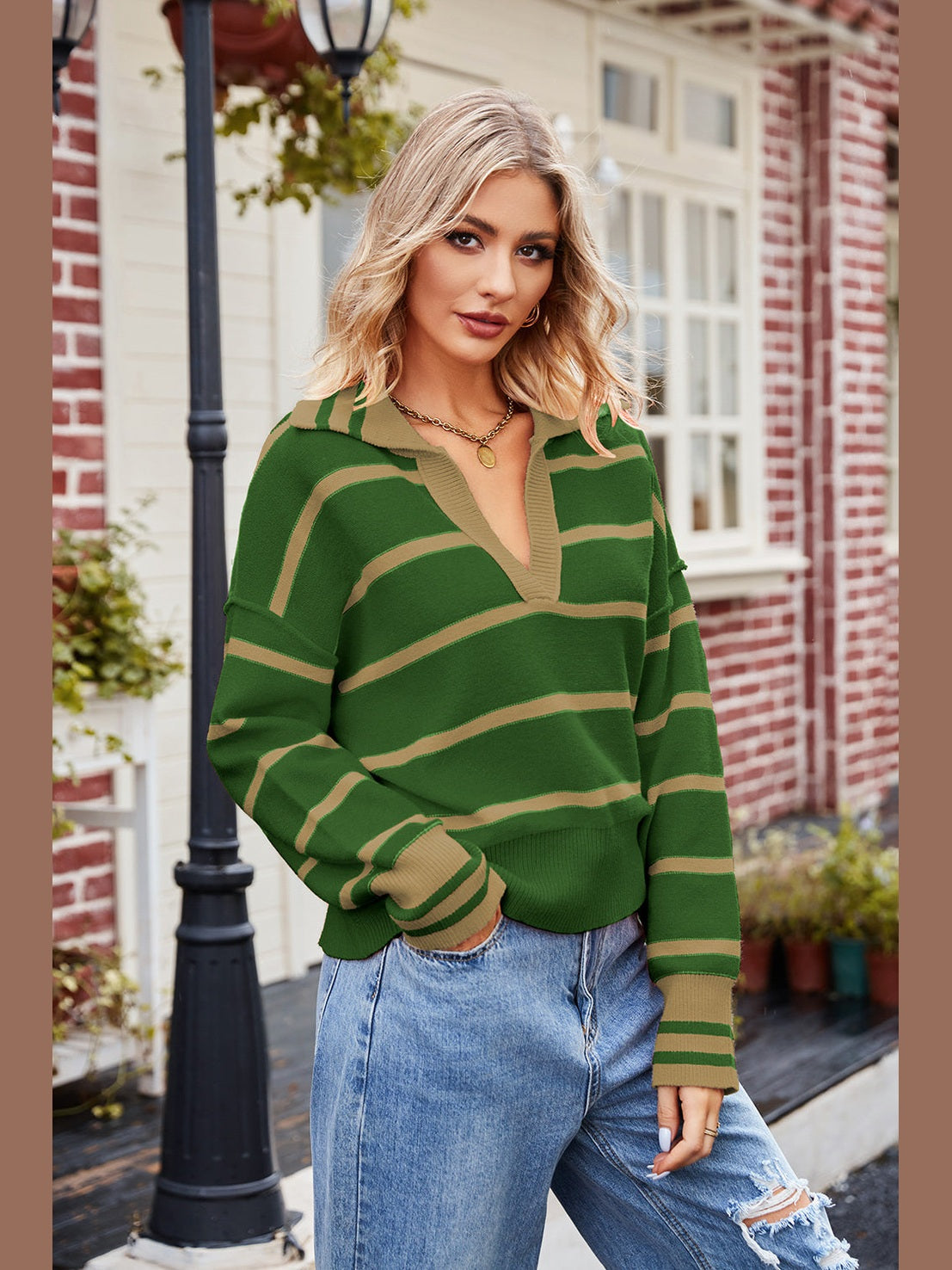 Striped Johnny Collar Sweater Trendsi