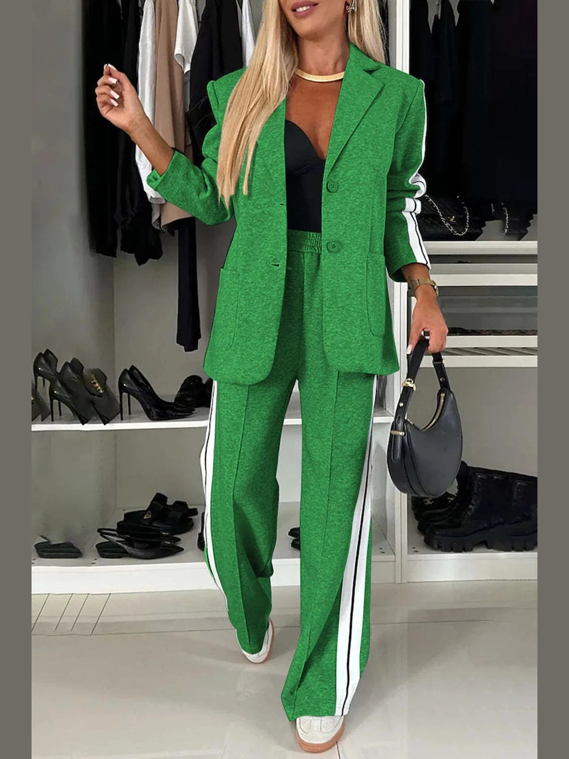 Full Size Contrast Lapel Collar Top and Pants Set nicholesgifts