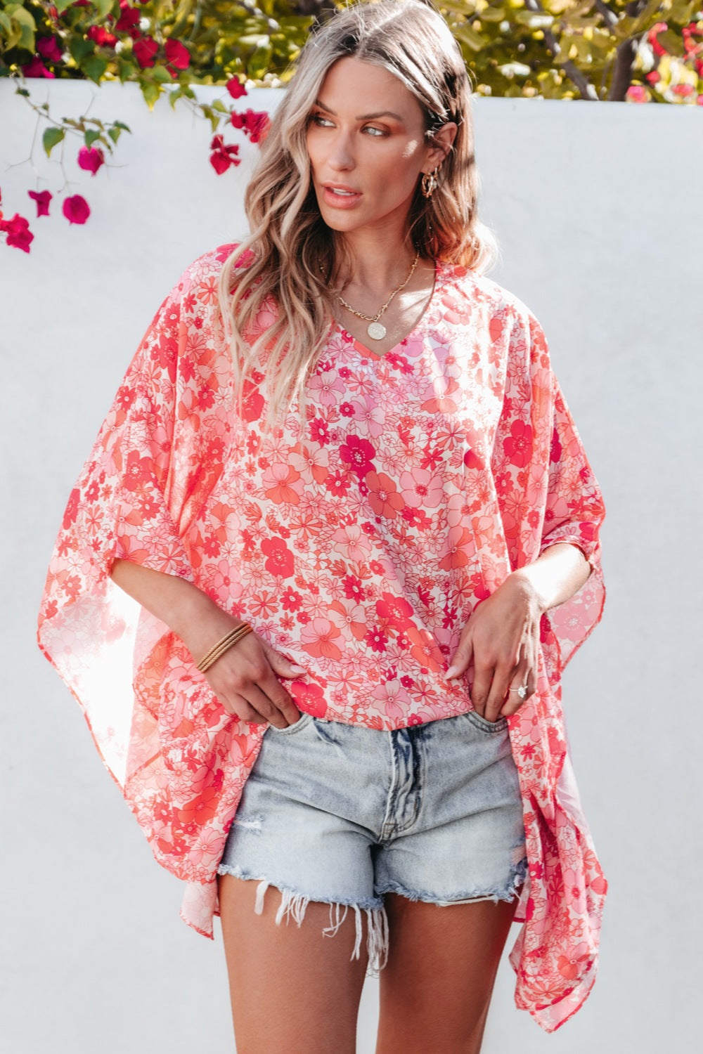 Floral V-Neck Three-Quarter Sleeve Blouse nicholesgifts