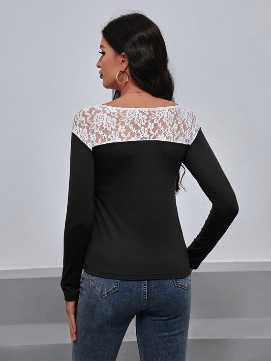 Ivy Lane Lace Trim Long Sleeve Round Neck Tee nicholesgifts