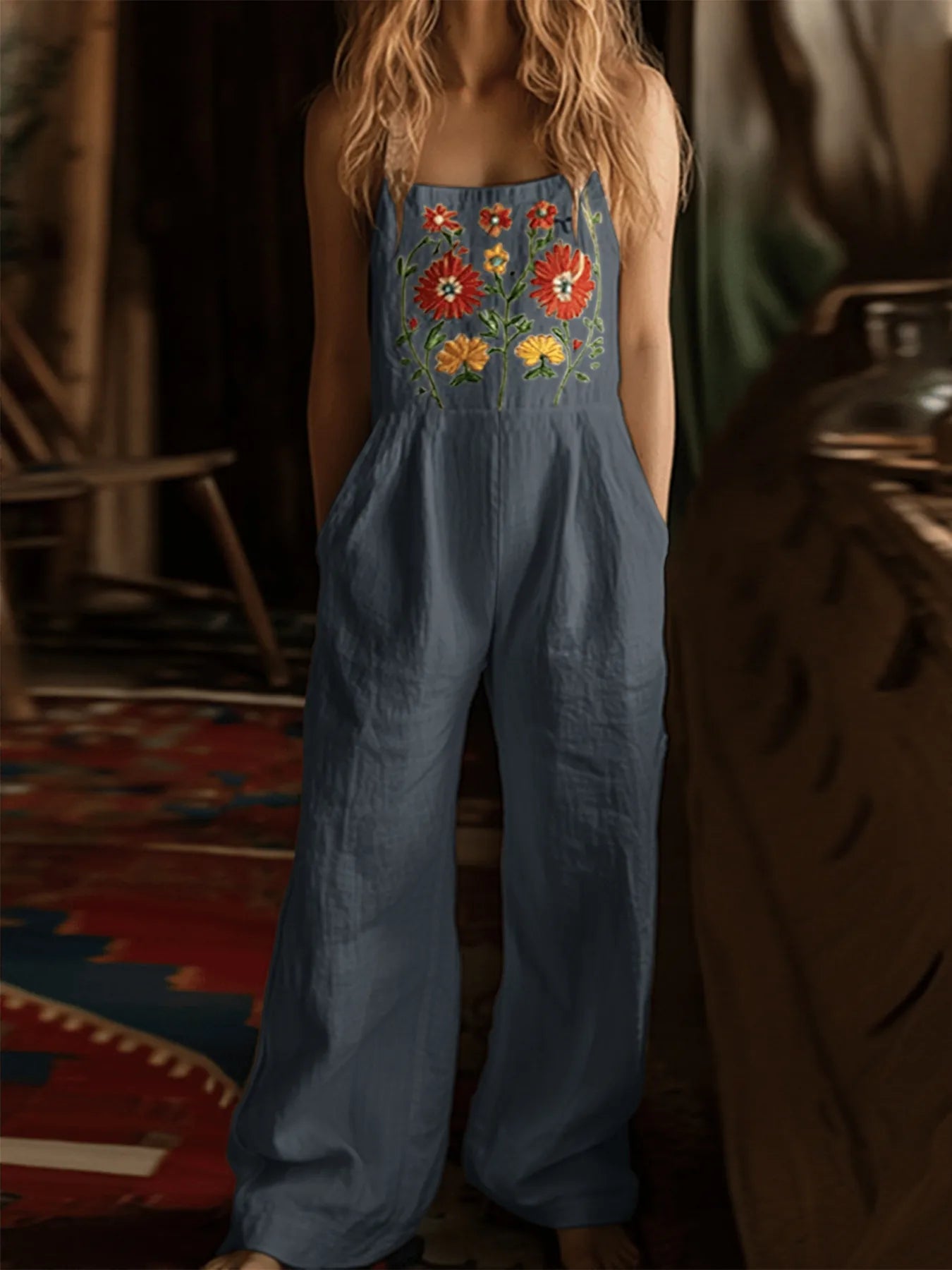 Floral Embroidered Wide Leg Jumpsuit nicholesgifts