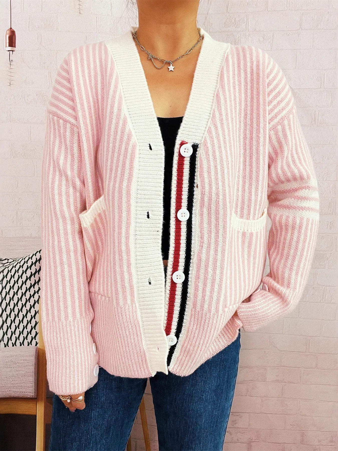 Striped Button-Front Cardigan with Contrast Trim