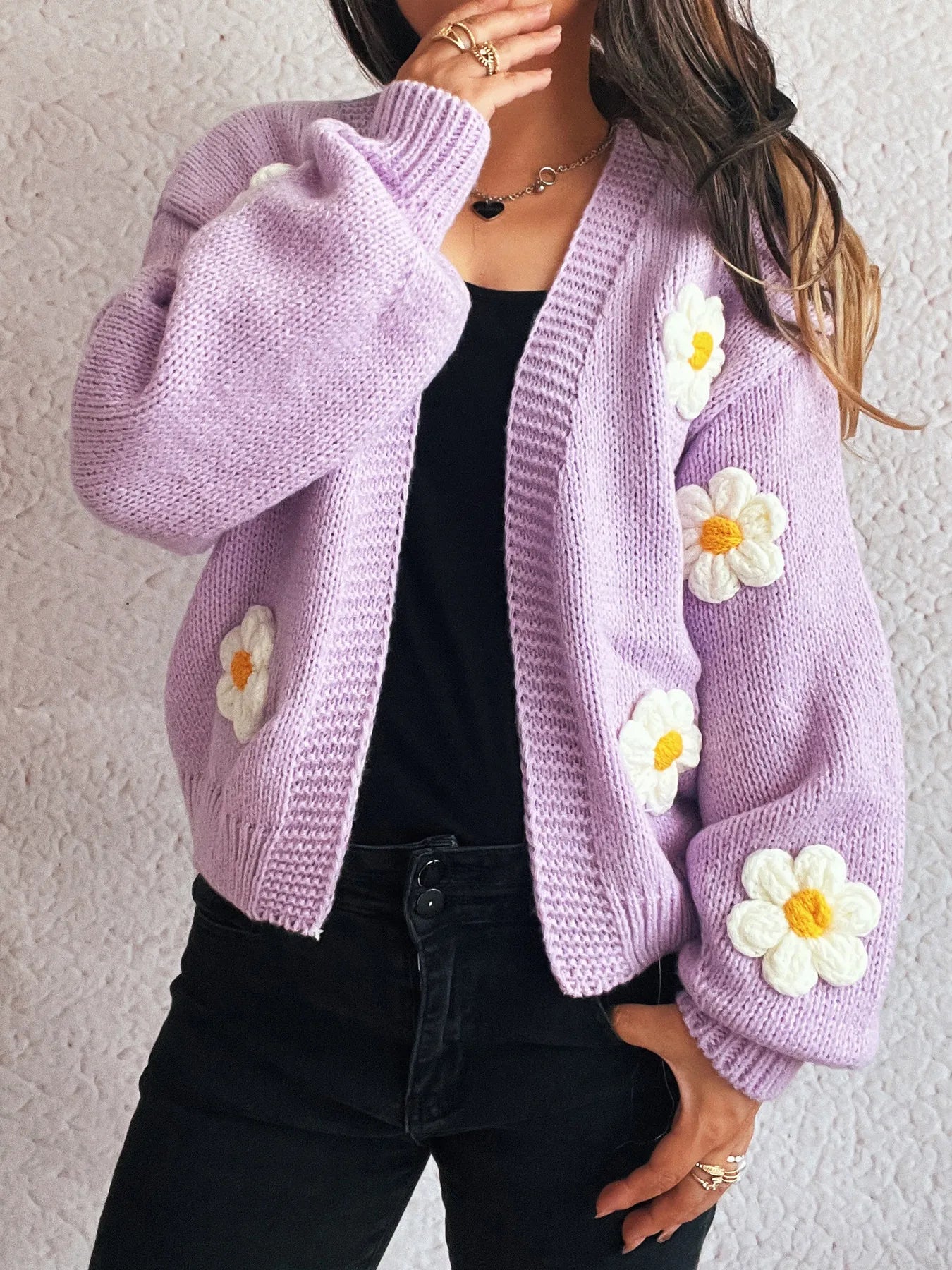 Flower Open Front Long Sleeve Cardigan