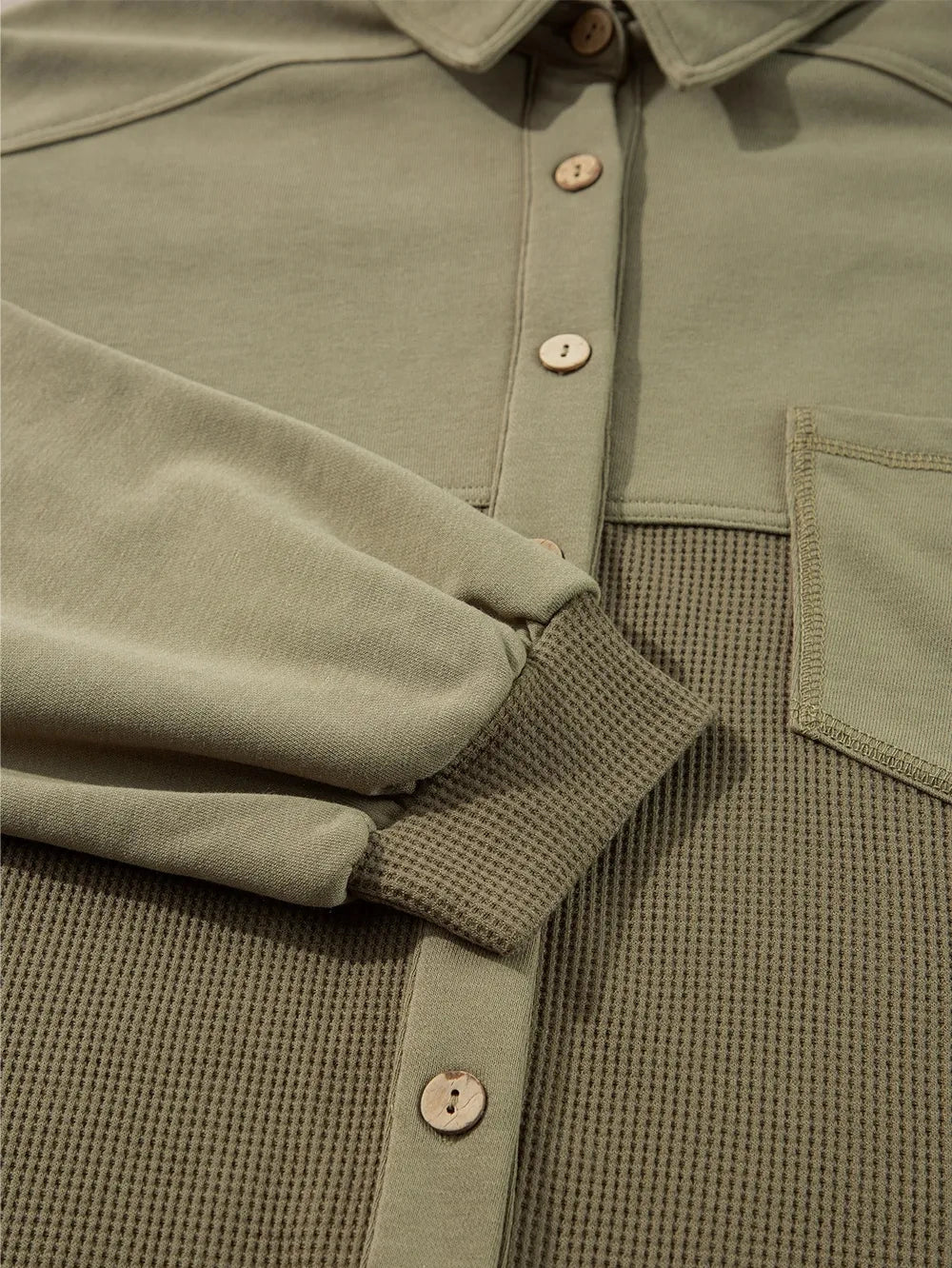 Waffle-Knit Collared Neck Long Sleeve Shacket