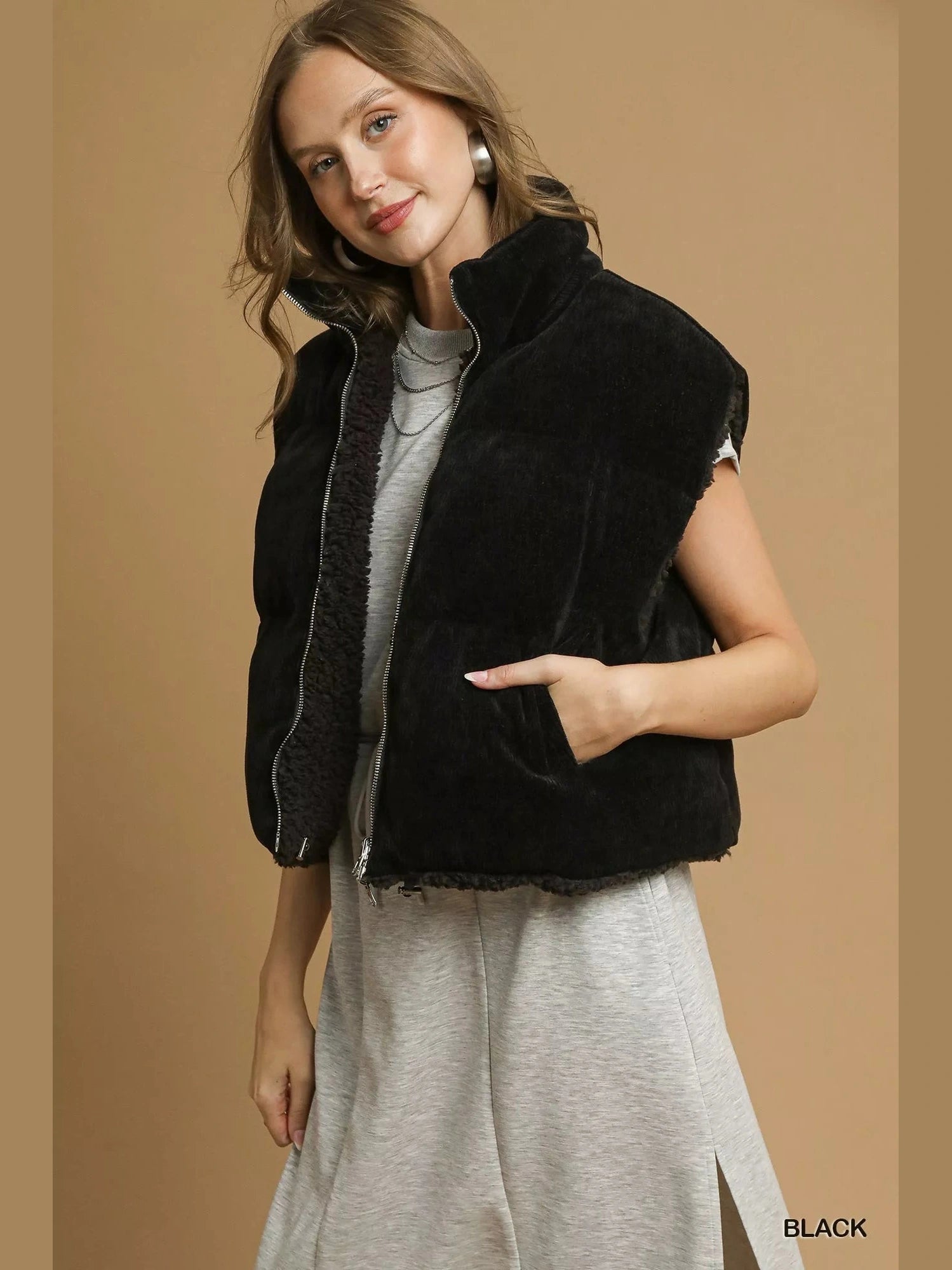 Umgee Sherpa-Lined Zip Vest with Drawstring Hem nicholesgifts