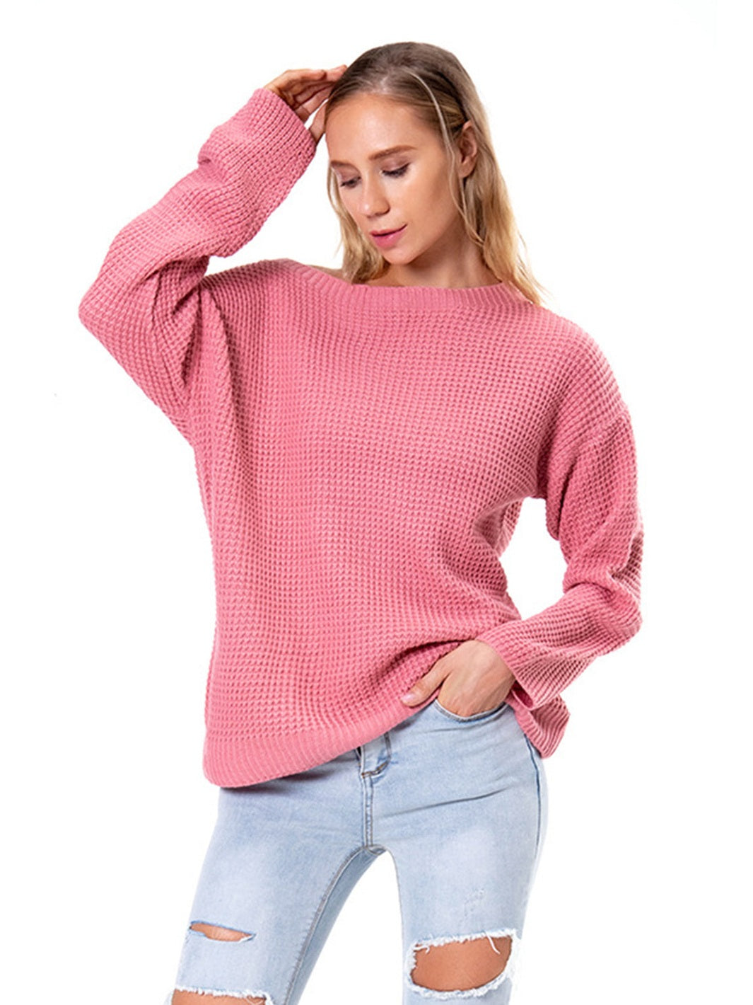 Boat Neck Drop Shoulder Long Sleeve Sweater nicholesgifts