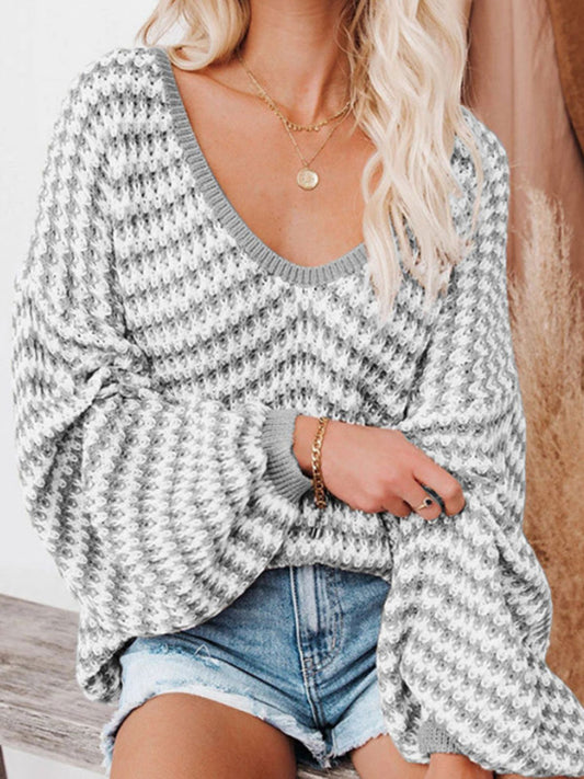 Striped Drop Shoulder V-Neck Sweater nicholesgifts