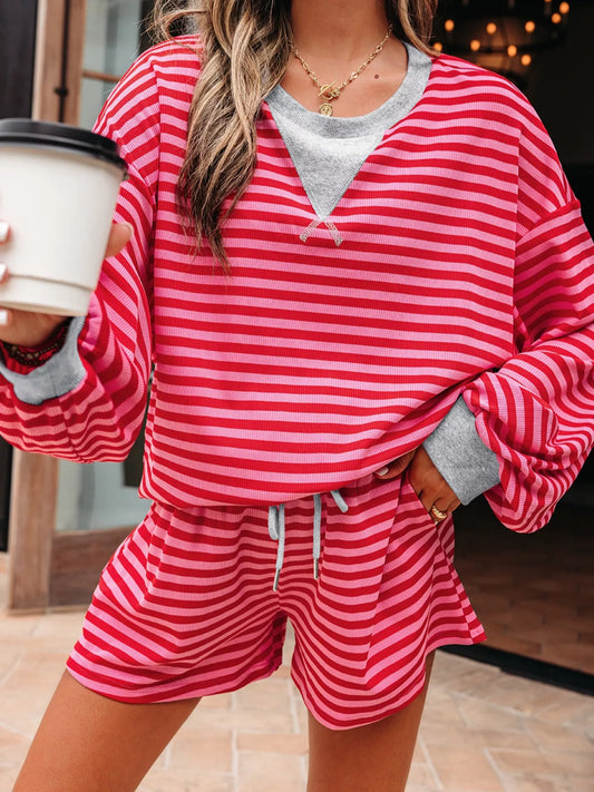 Stripe Drop Shoulder Baggy Top and Shorts Casual Set Trendsi
