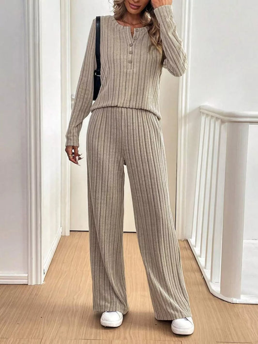 Button Detail Long Sleeve Top and Pants Set Trendsi
