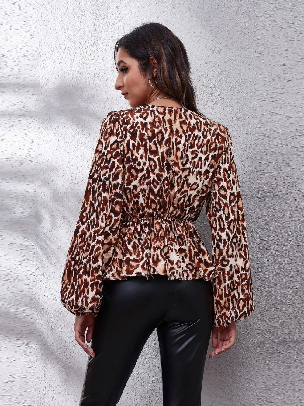 Ruched Printed V-Neck Long Sleeve Blouse nicholesgifts