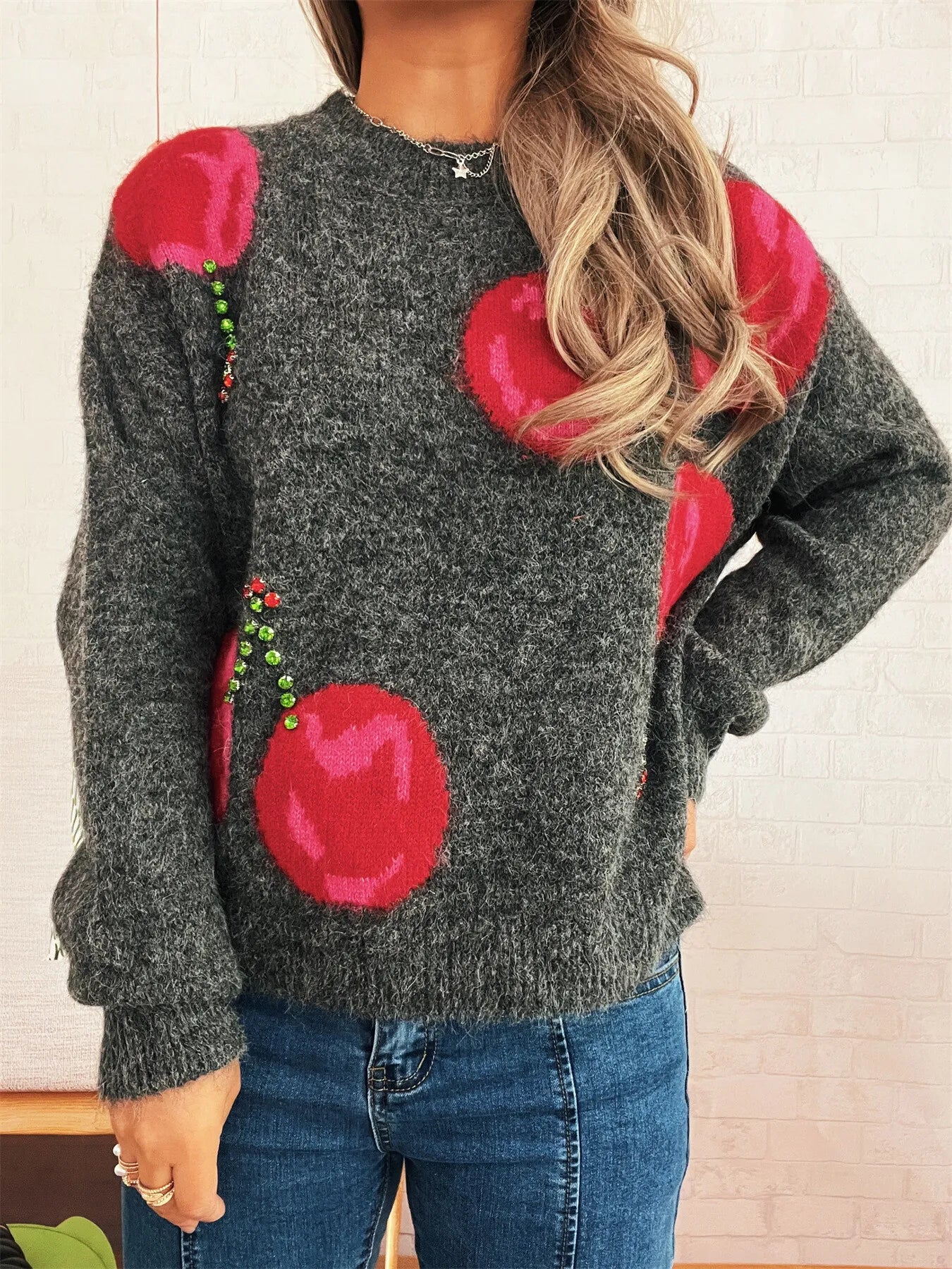 Contrast Cherry Round Neck Sweater