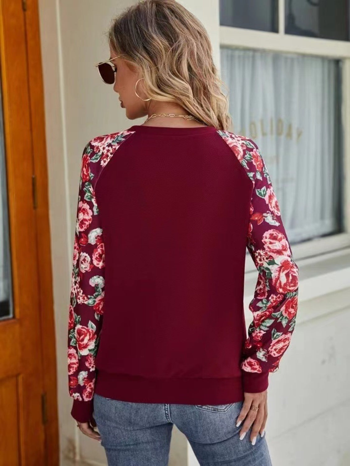 Women Floral Raglan Sleeve Round Neck Sweatshirt nicholesgifts