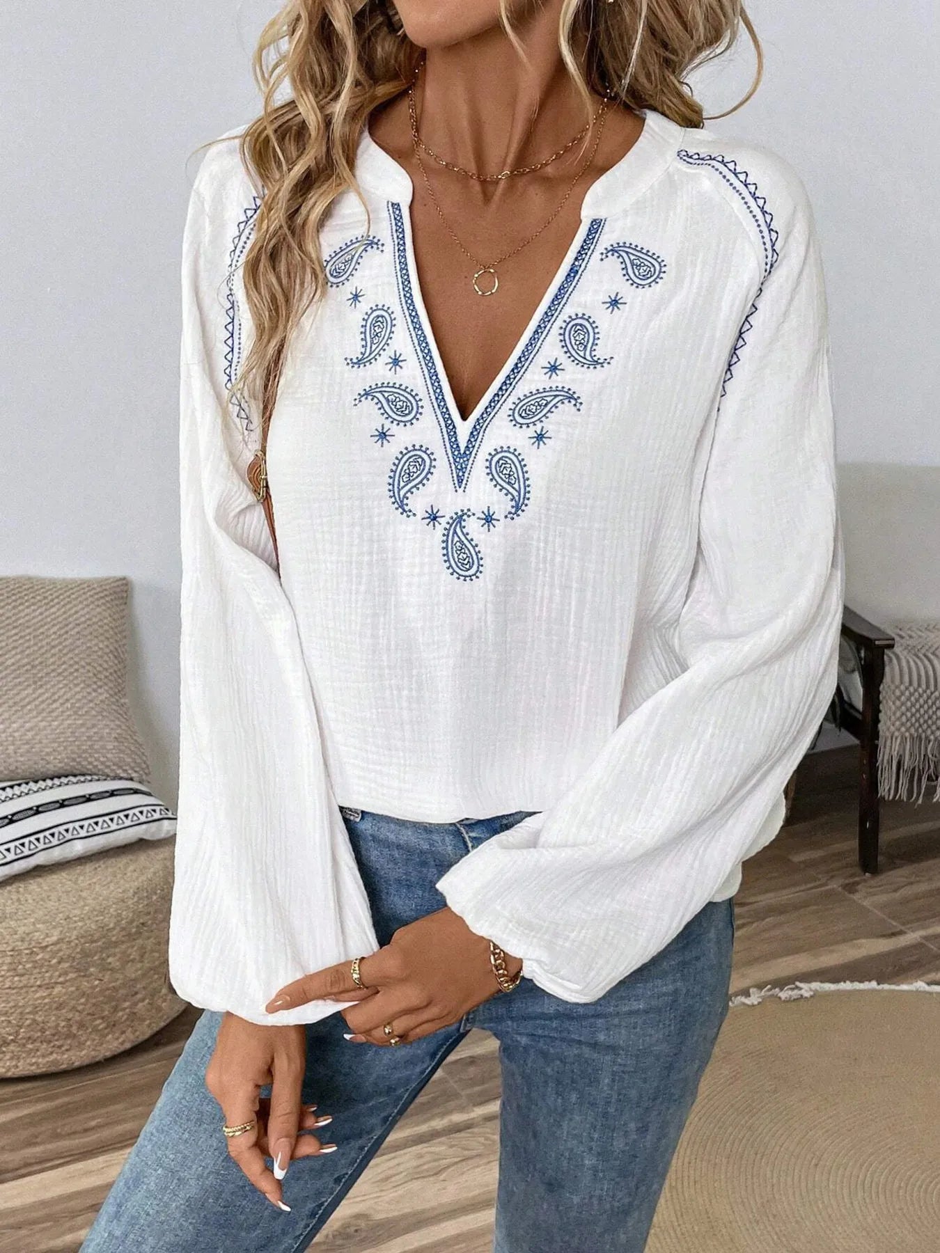 Paisley Pattern Notched Long Sleeve Blouse NicholesGifts