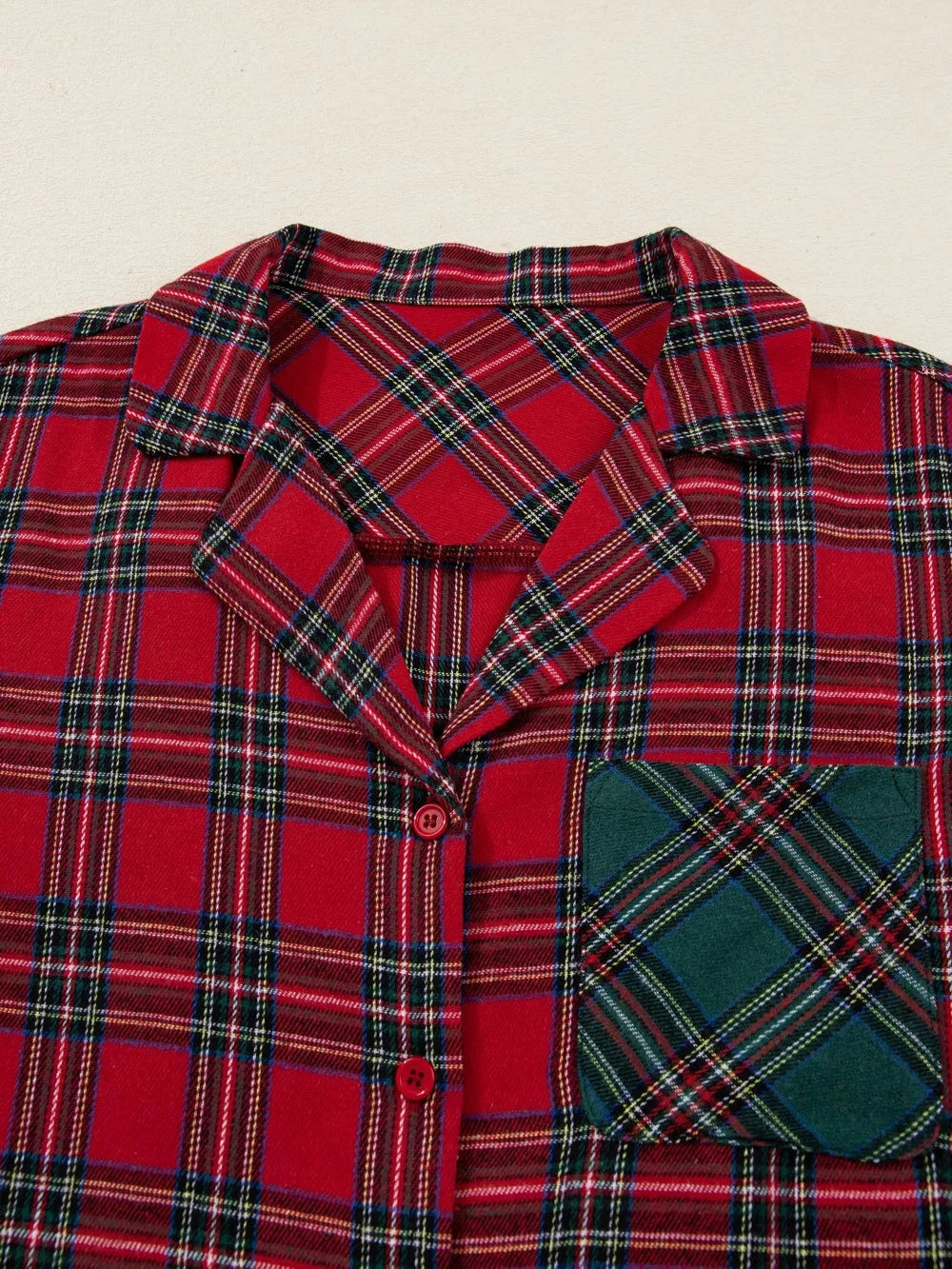 Plaid Contrast Patched Christmas Holiday Long Sleeve Shirt and Short 2pcs Pajama Set nicholesgifts