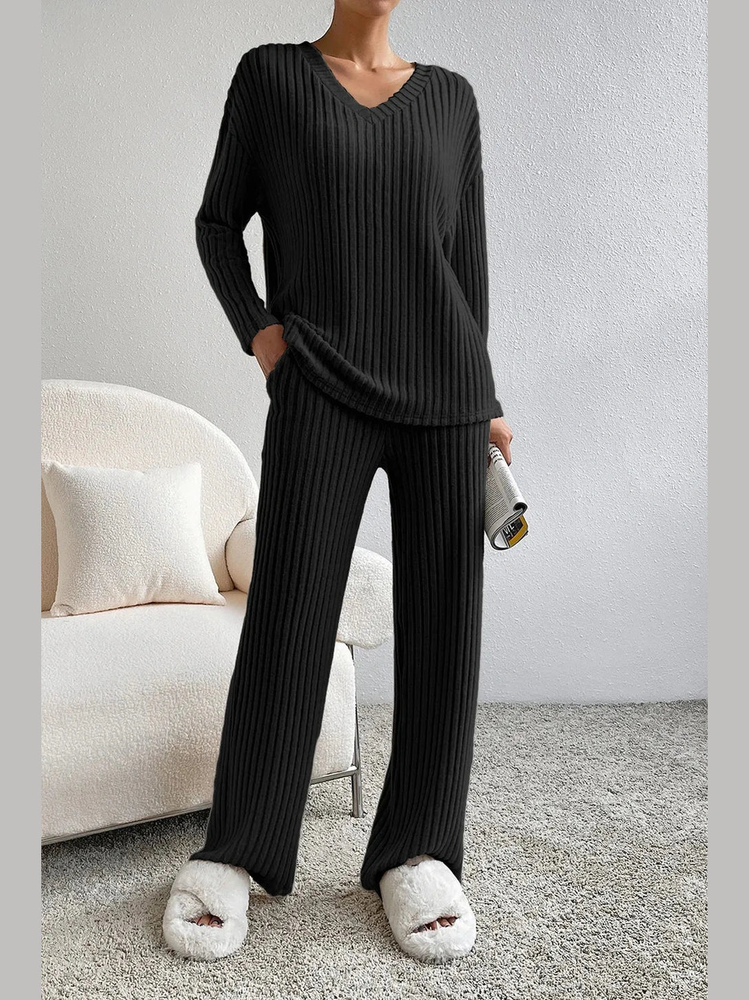 Ribbed V-Neck Top and Pants Lounge Set nicholesgifts