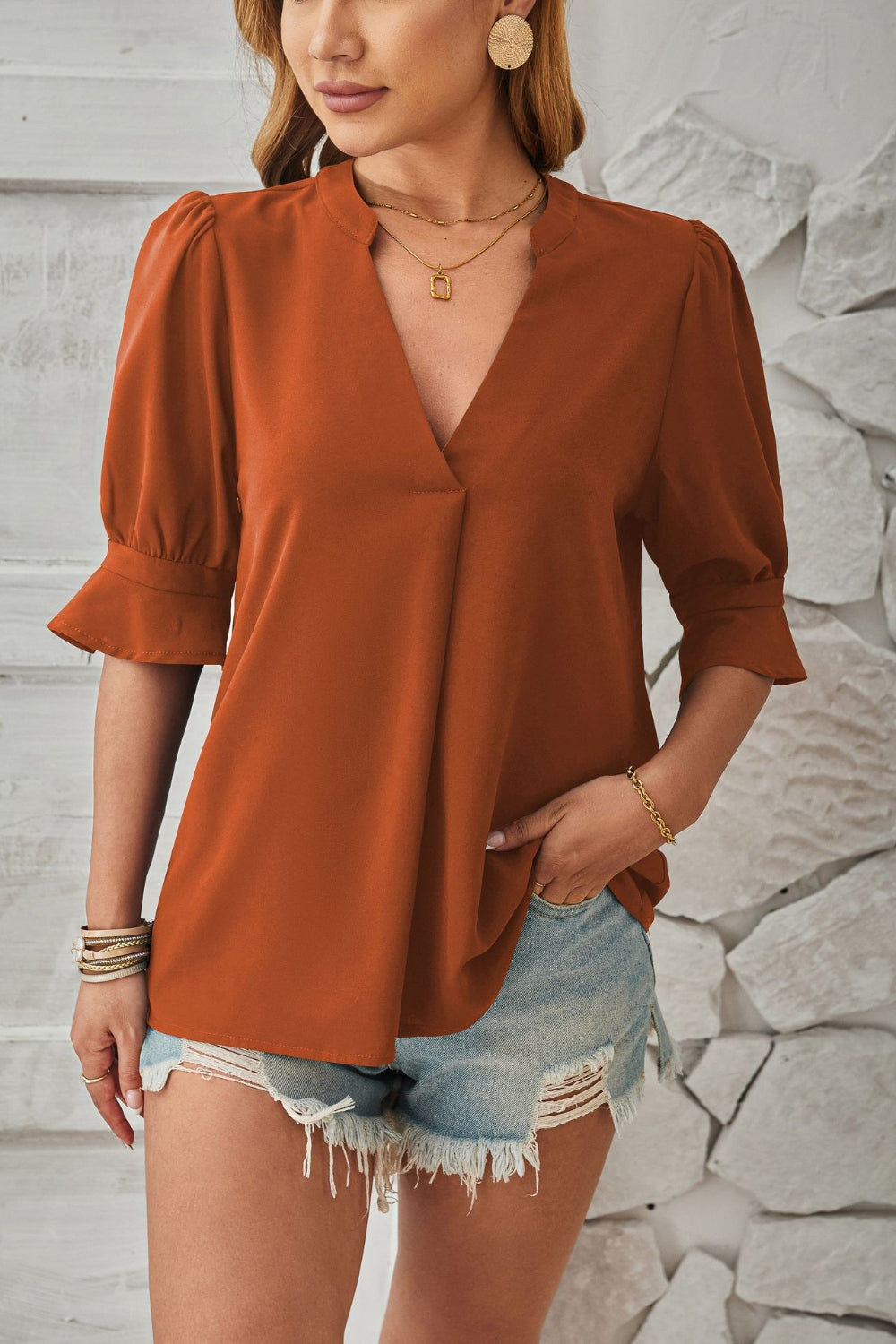 Notched Half Sleeve Blouse nicholesgifts