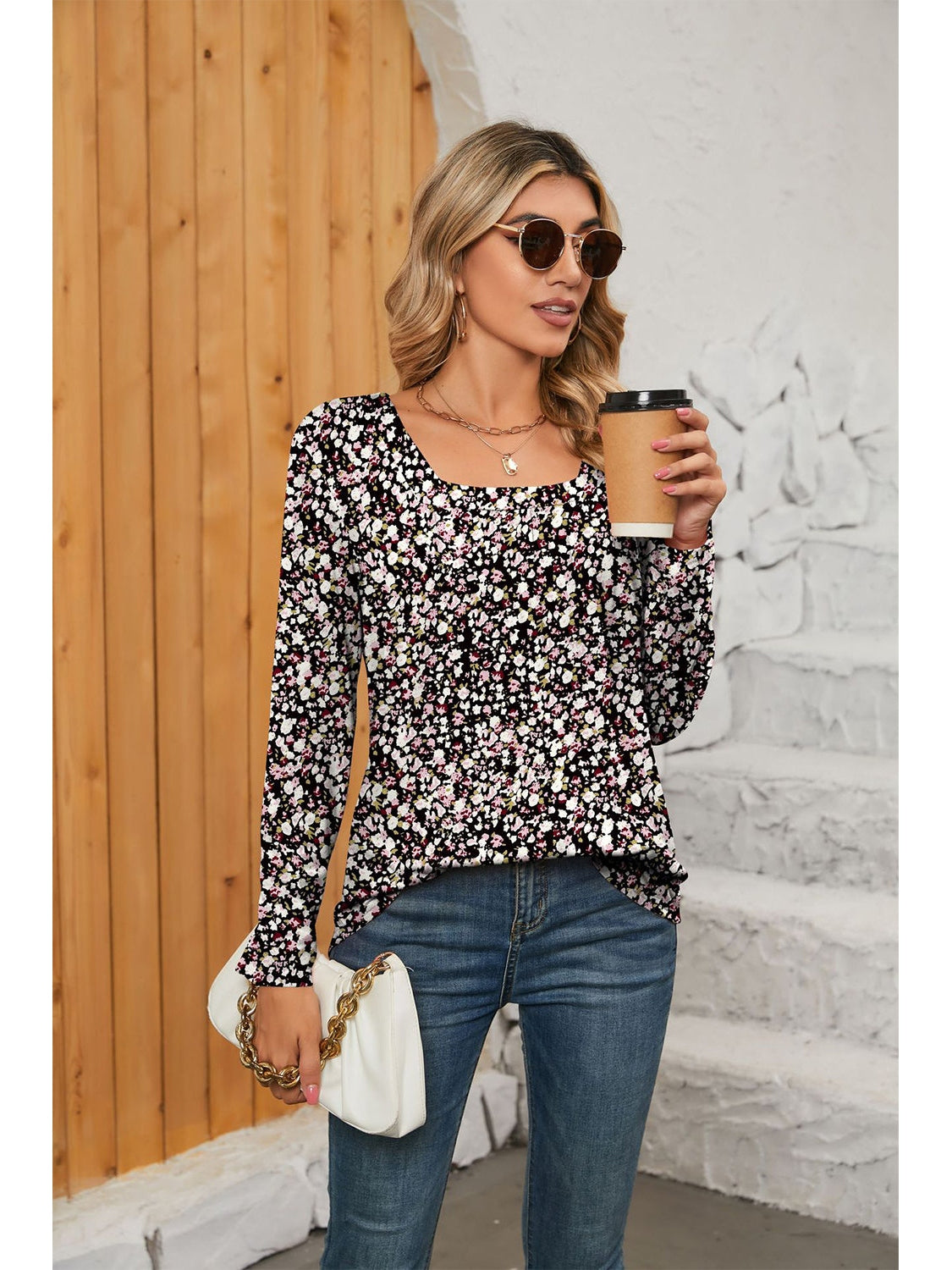 Women Women Printed Square Neck Long Sleeve Blouse nicholesgifts