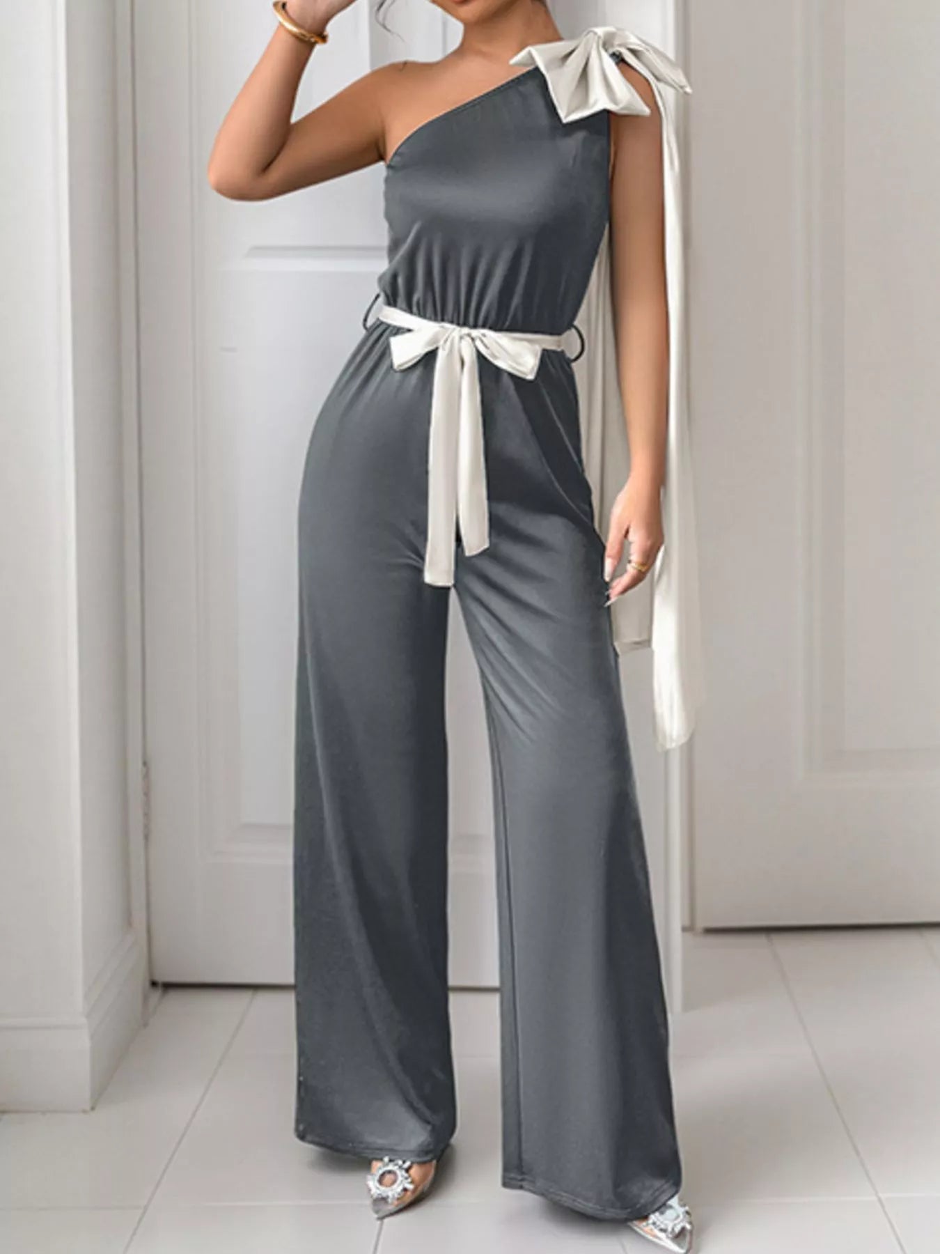 One-Shoulder Bowknot Wide Leg Jumpsuit nicholesgifts