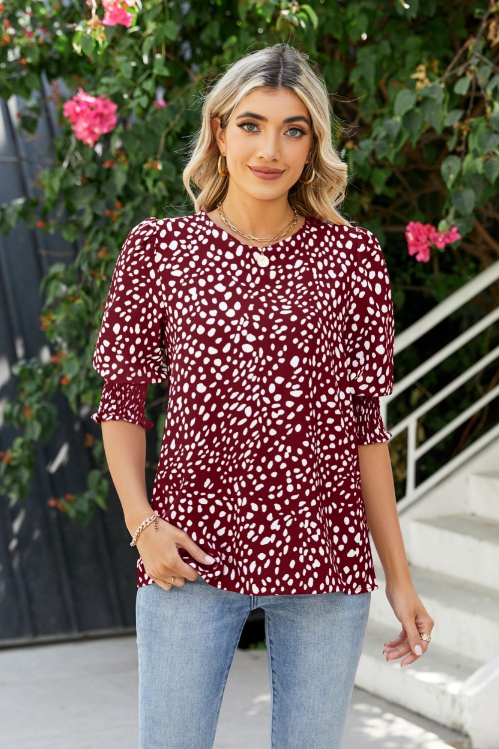 Polka Dot Round Neck Lantern Sleeve Blouse nicholesgifts