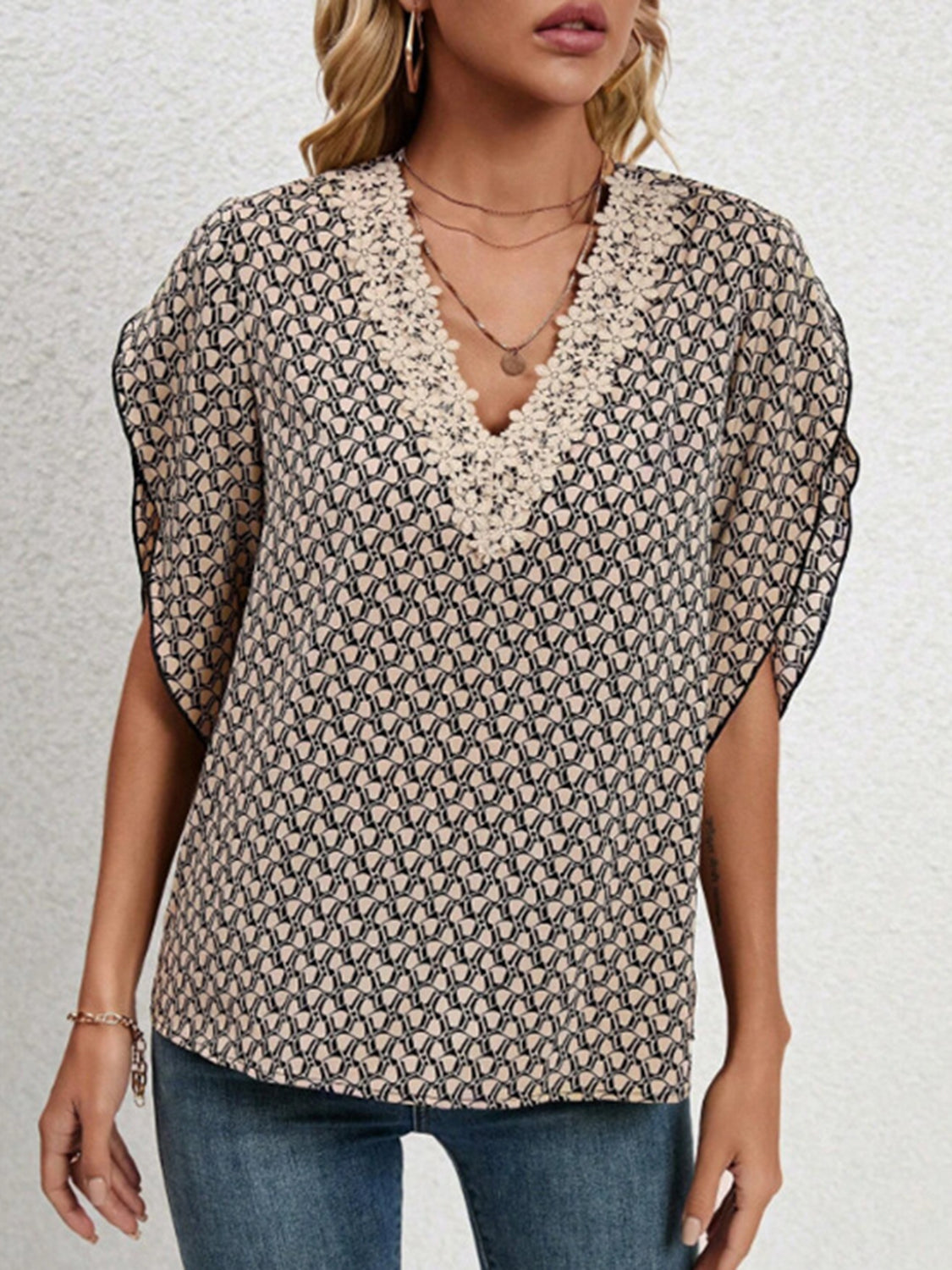 Lace Detail Printed V-Neck Half Sleeve Blouse nicholesgifts