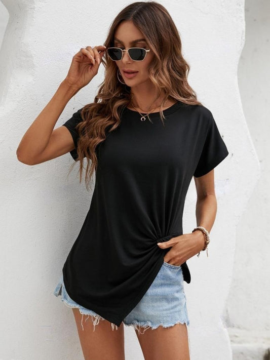 Women Asymmetric Hem Round Neck T-Shirt NicholesGifts