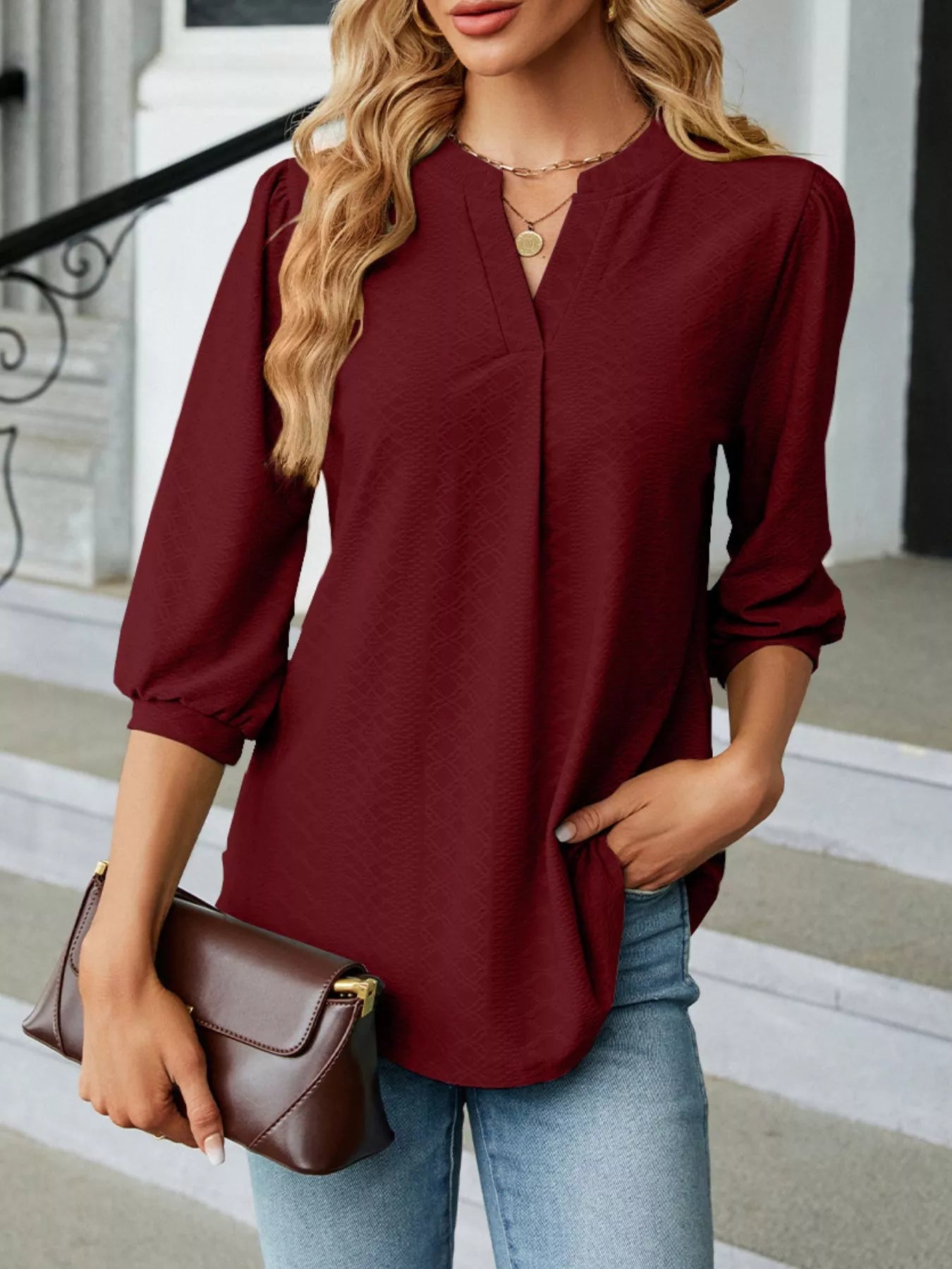 Notched 3/4 Sleeve Casual Top Trendsi