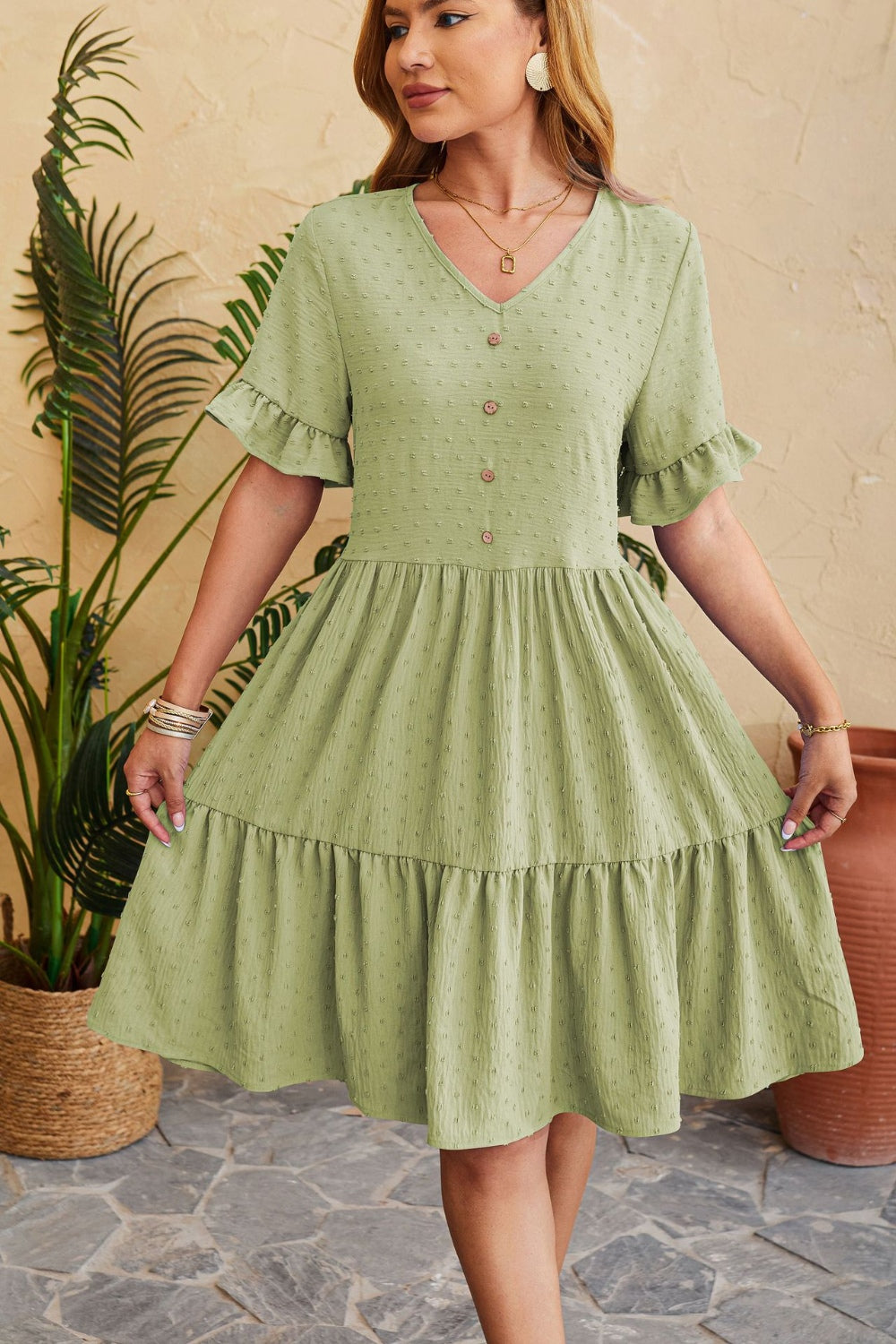 Women Swiss Dot Ruffled V-Neck Tiered Dress nicholesgifts