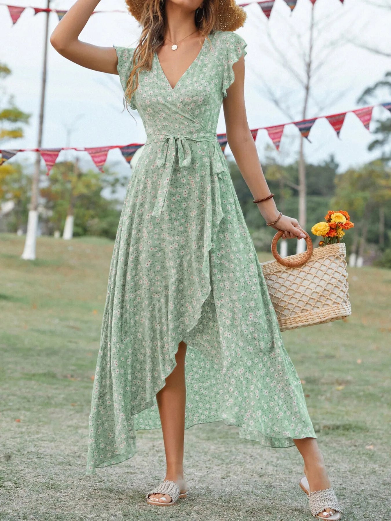 Printed Surplice Ruffle Sleeve Dress NicholesGifts