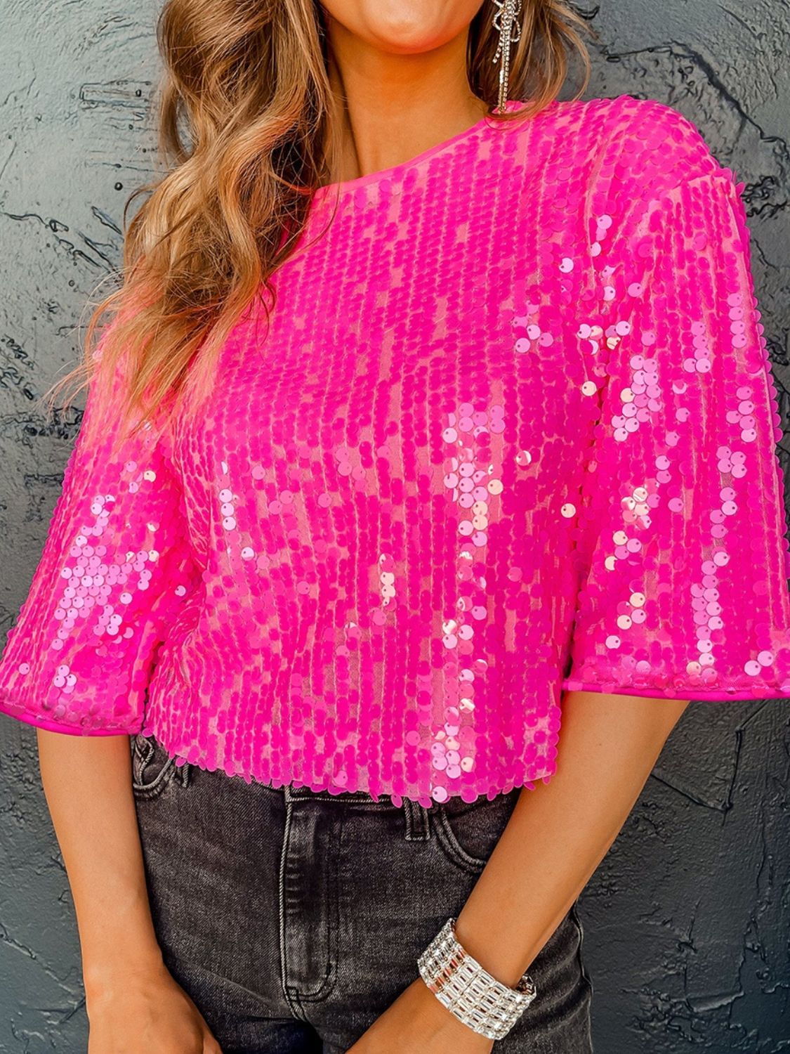 Sequin Round Neck Half Sleeve Blouse nicholesgifts