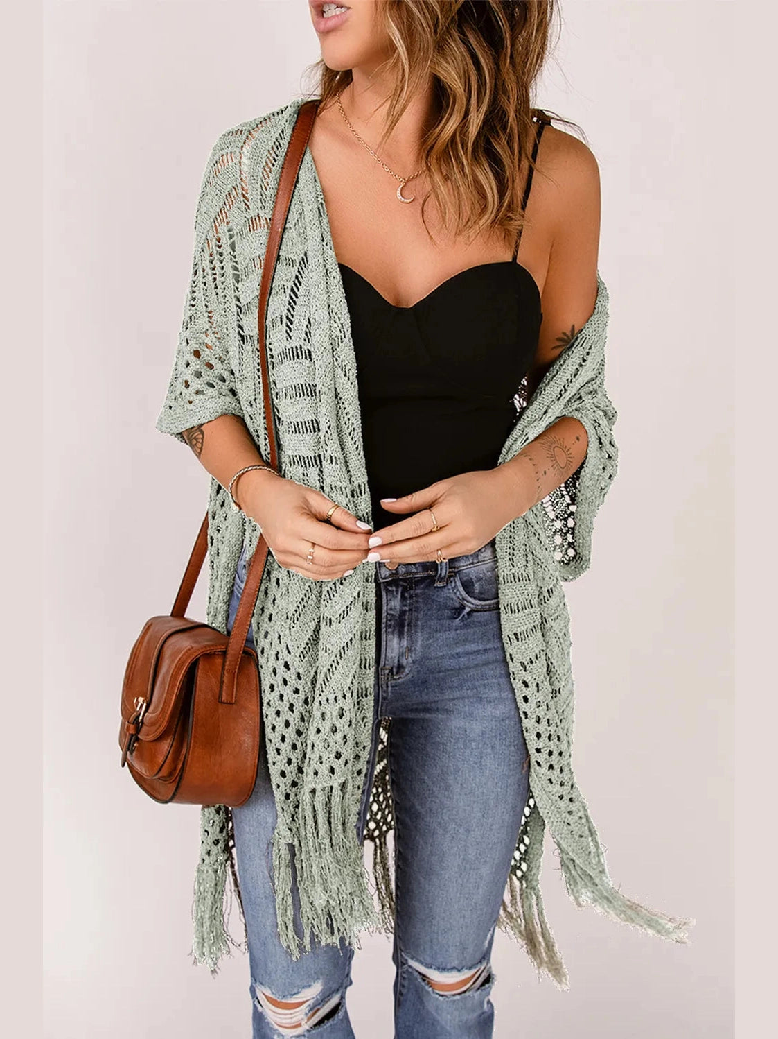Openwork Open Front Cardigan with Fringes nicholesgifts