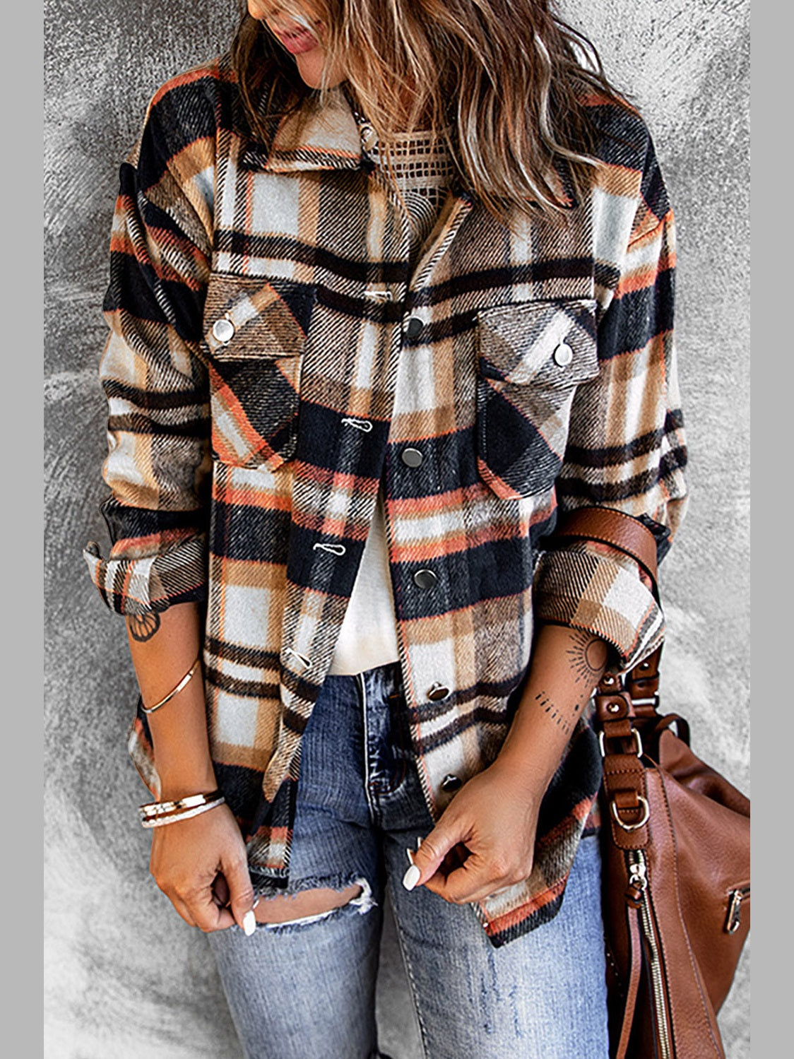 Plaid Button Front Shirt Jacket with Breast Pockets nicholesgifts