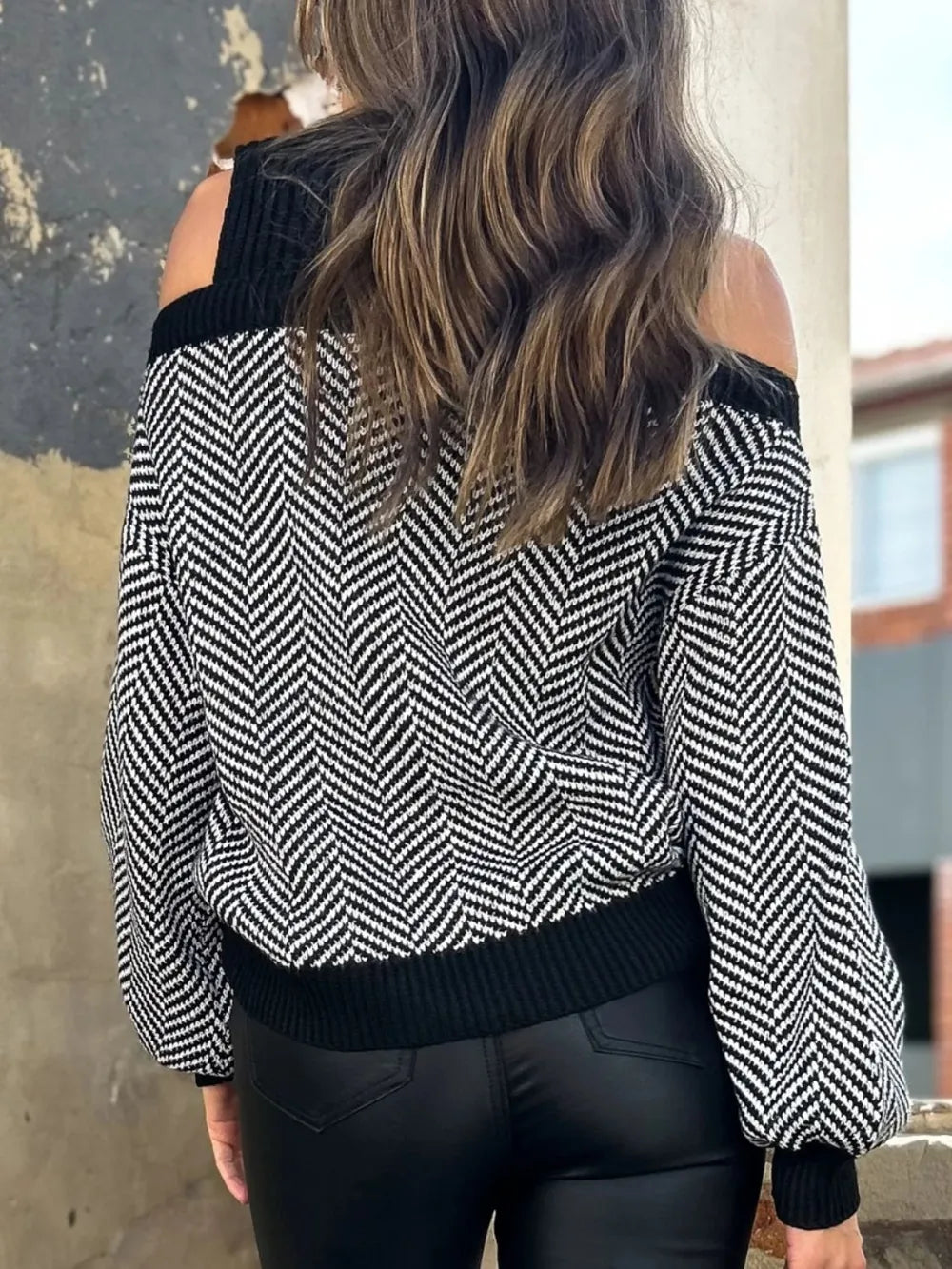 Women Perfee Mock Neck Cold Shoulder Sweater nicholesgifts