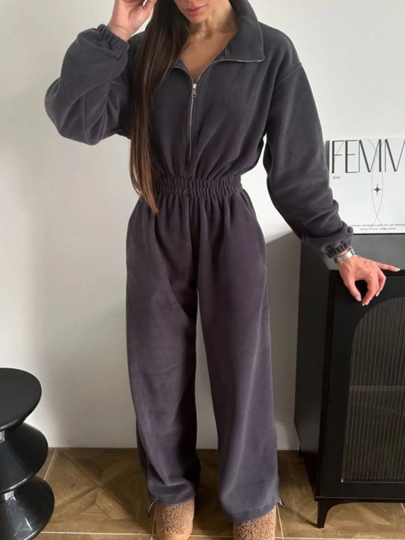 Zip Front Long Sleeve Jumpsuit nicholesgifts