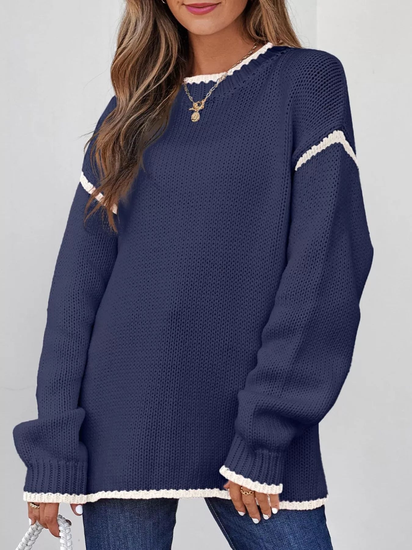 Contrast Trim Long Sleeve Sweater Trendsi