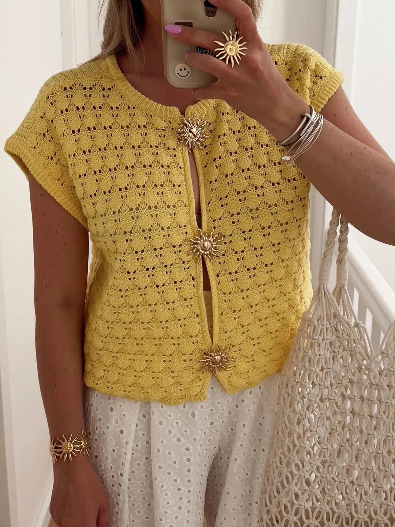 Crochet Short Sleeve Button Front Cardigan