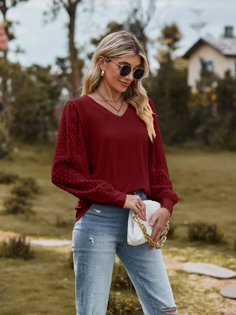 Swiss Dot V-Neck Long Sleeve Blouse NicholesGifts