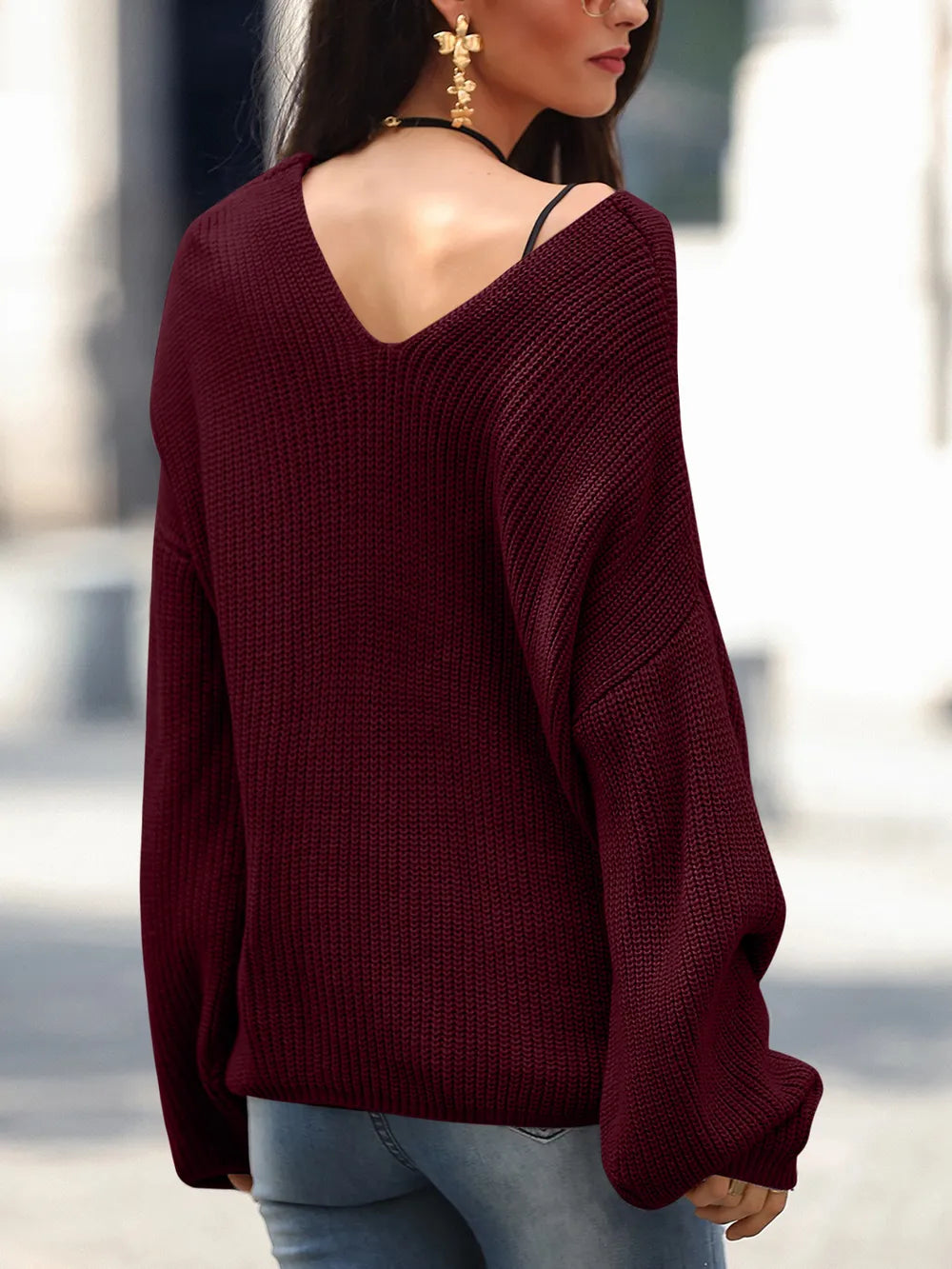 Full Size Lace Up V-Neck Long Sleeve Sweater Trendsi