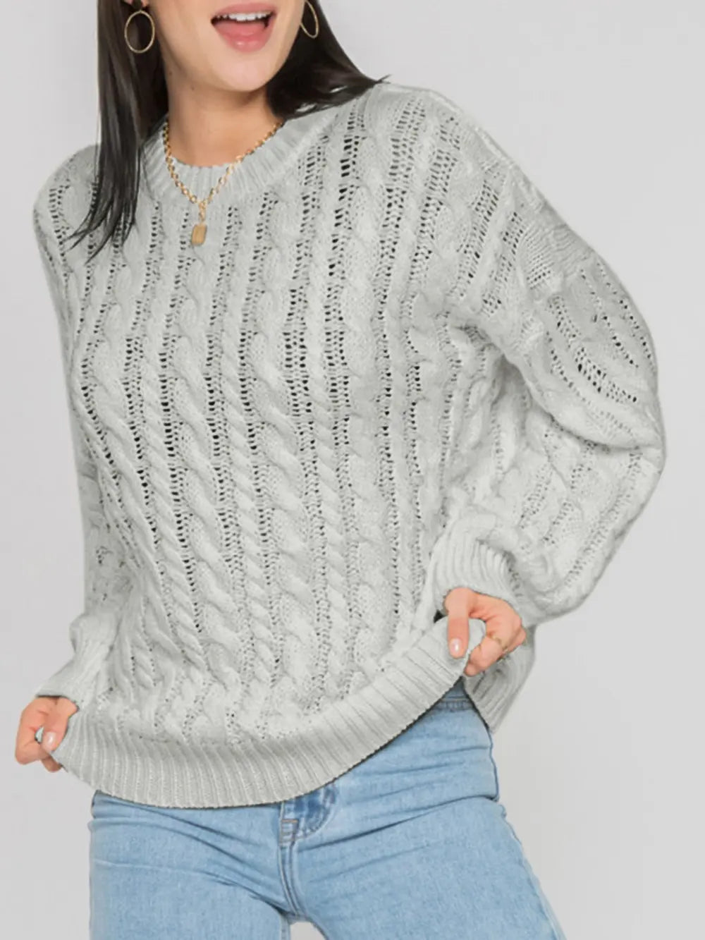 Openwork Round Sleeve Cable-Knit Sweater Trendsi