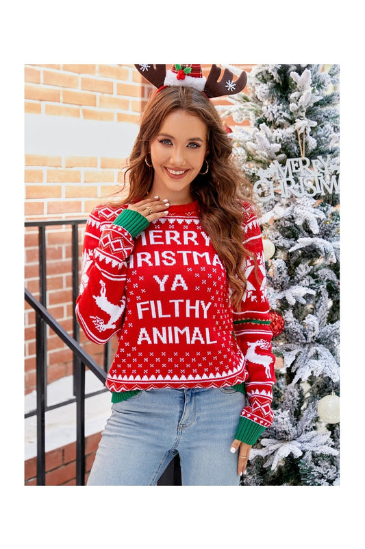 Letter Graphic Round Neck Long Sleeve Sweater