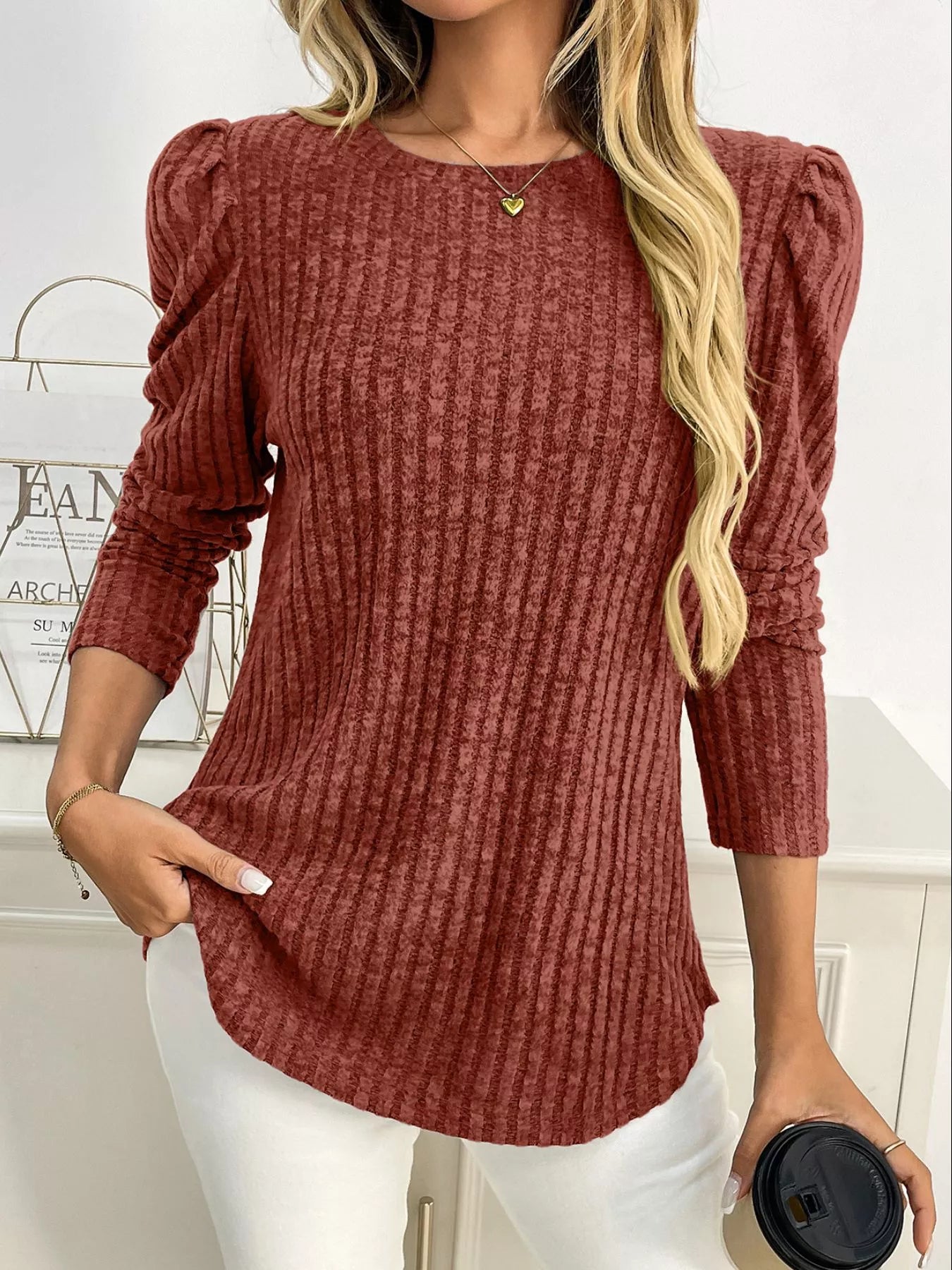 Round Neck Puff Sleeve T-Shirt Trendsi