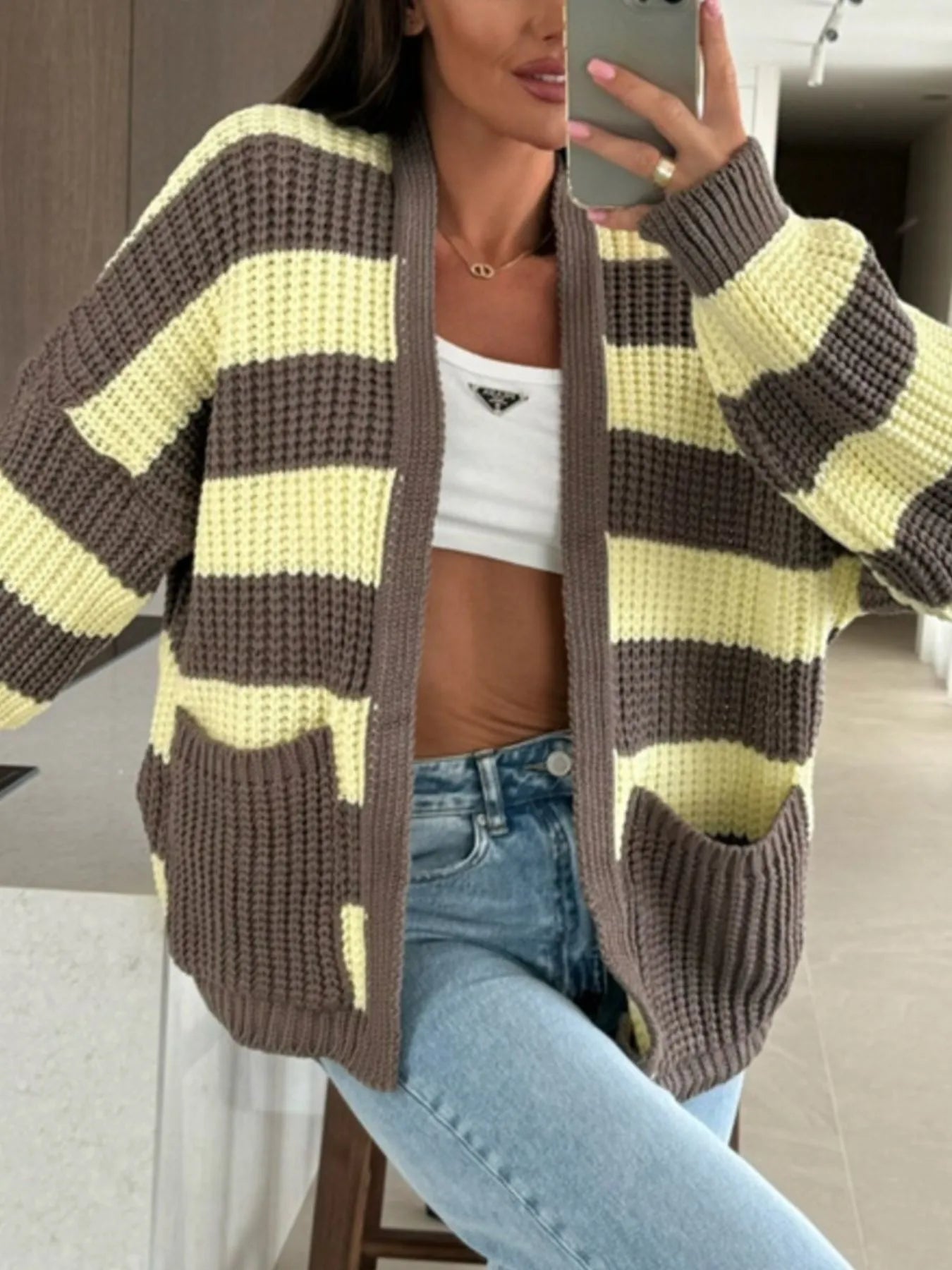 Striped Open Front Long Sleeve Cardigan Trendsi