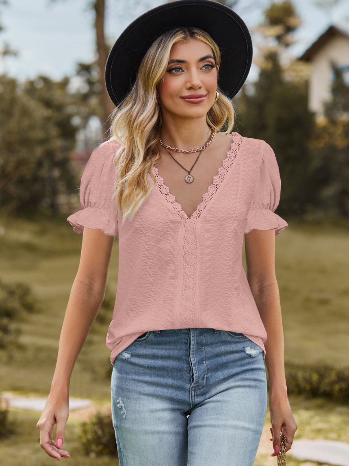 Lace Detail V-Neck Flounce Sleeve Blouse nicholesgifts