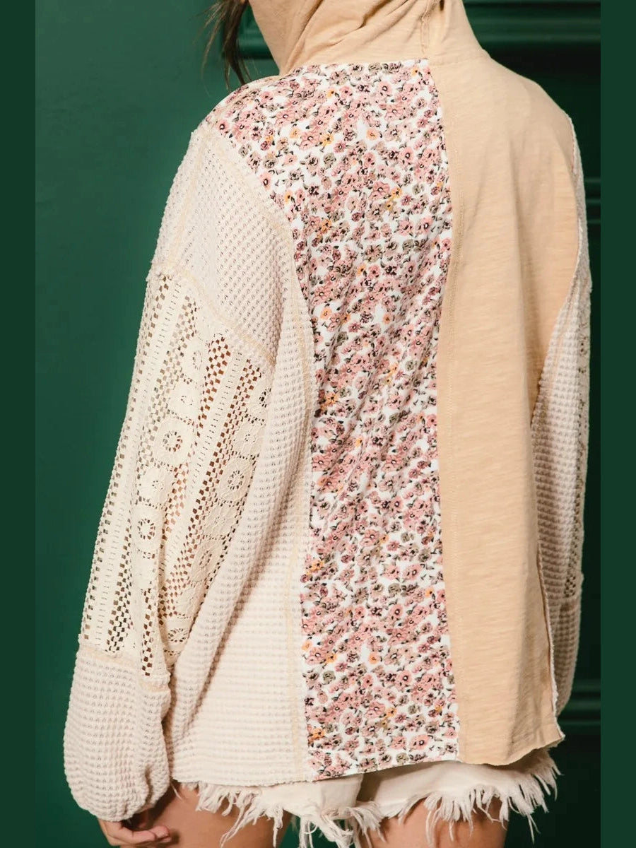 BiBi Slub Jersey with Lace Combo Buttoned Hoodie Top
