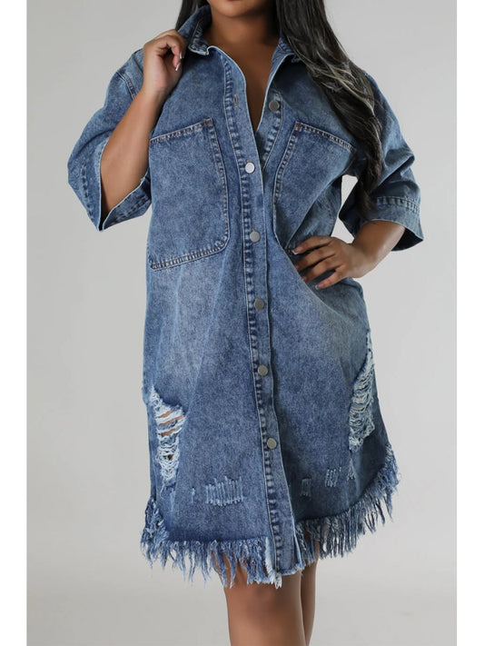 Women Distressed Raw Hem Button Up Denim Dress nicholesgifts