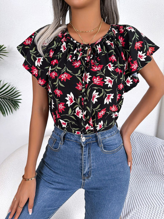 Floral Tie Neck Flutter Sleeve Blouse nicholesgifts