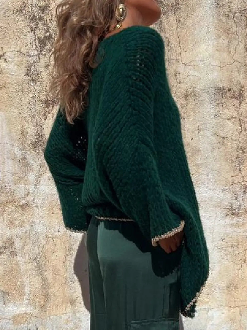 Contrast V-Neck Long Sleeve Sweater Trendsi
